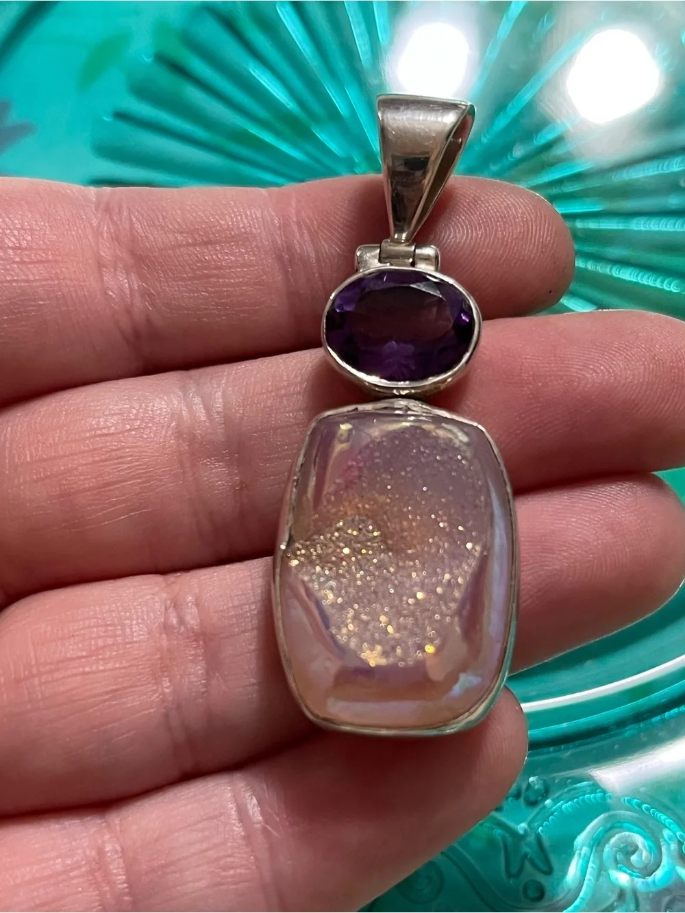 Arya Sterling Silver 925 Amethyst Pink Druzy Quartz Pendant